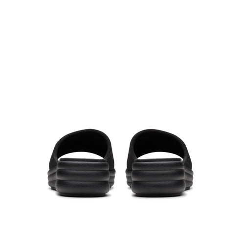 Pair of black slides, rear view, ridged soles.