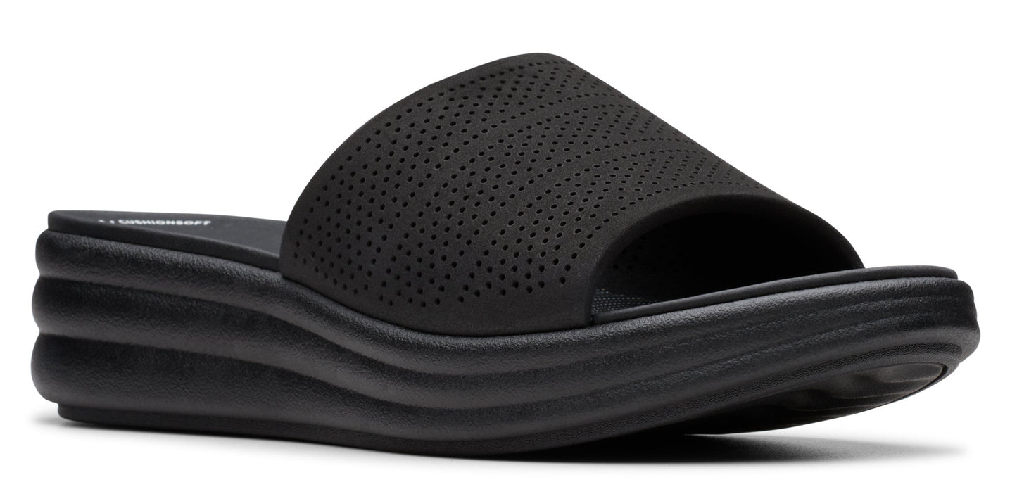 A black slide sandal with a perforated upper and a stacked sole.