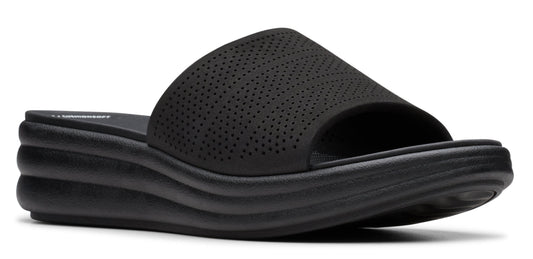 A black slide sandal with a perforated upper and a stacked sole.