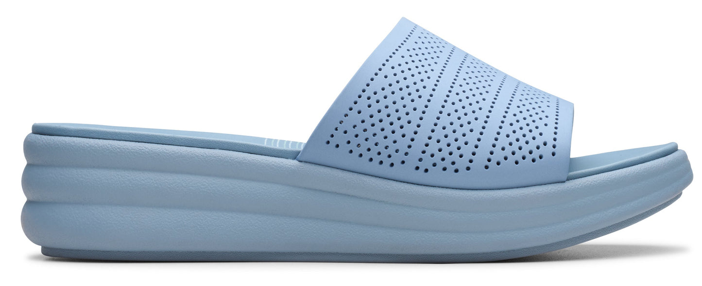 Light blue wedge sandal with geometric perforations.