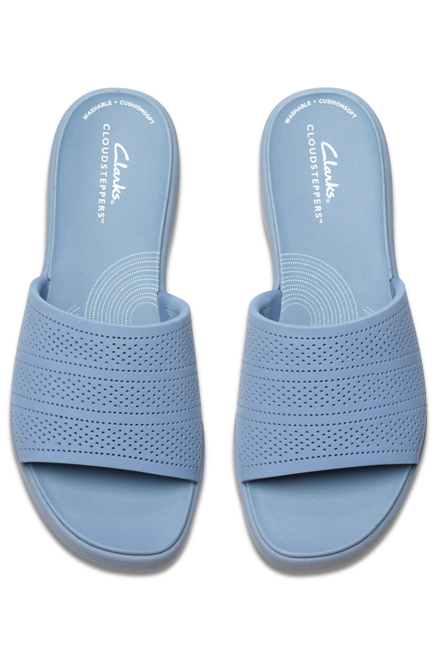 Pair of light blue slide sandals with CLOUDSTEPPERS text.