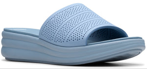 Light blue sandal with a perforated upper and a wedge sole.