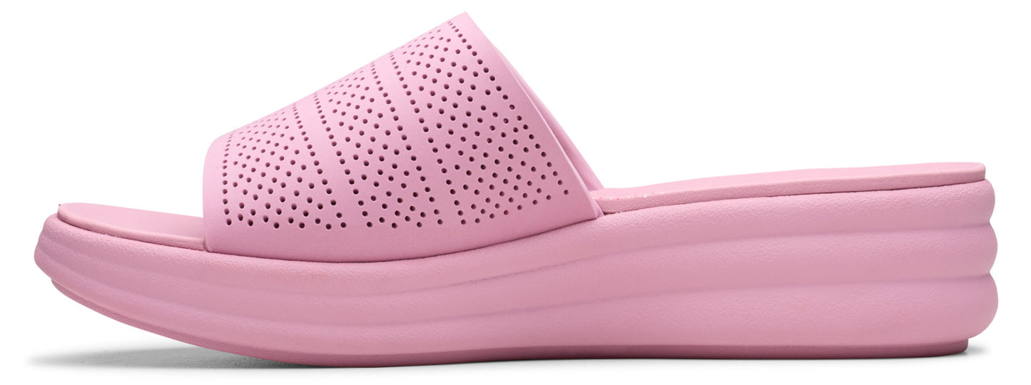 Pink perforated slide sandal with a platform sole.