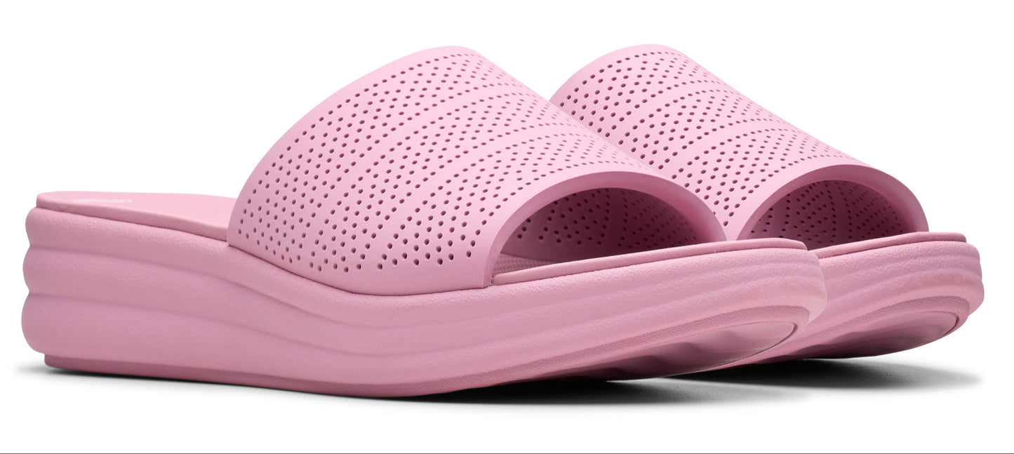 Pair of pink perforated platform slide sandals.