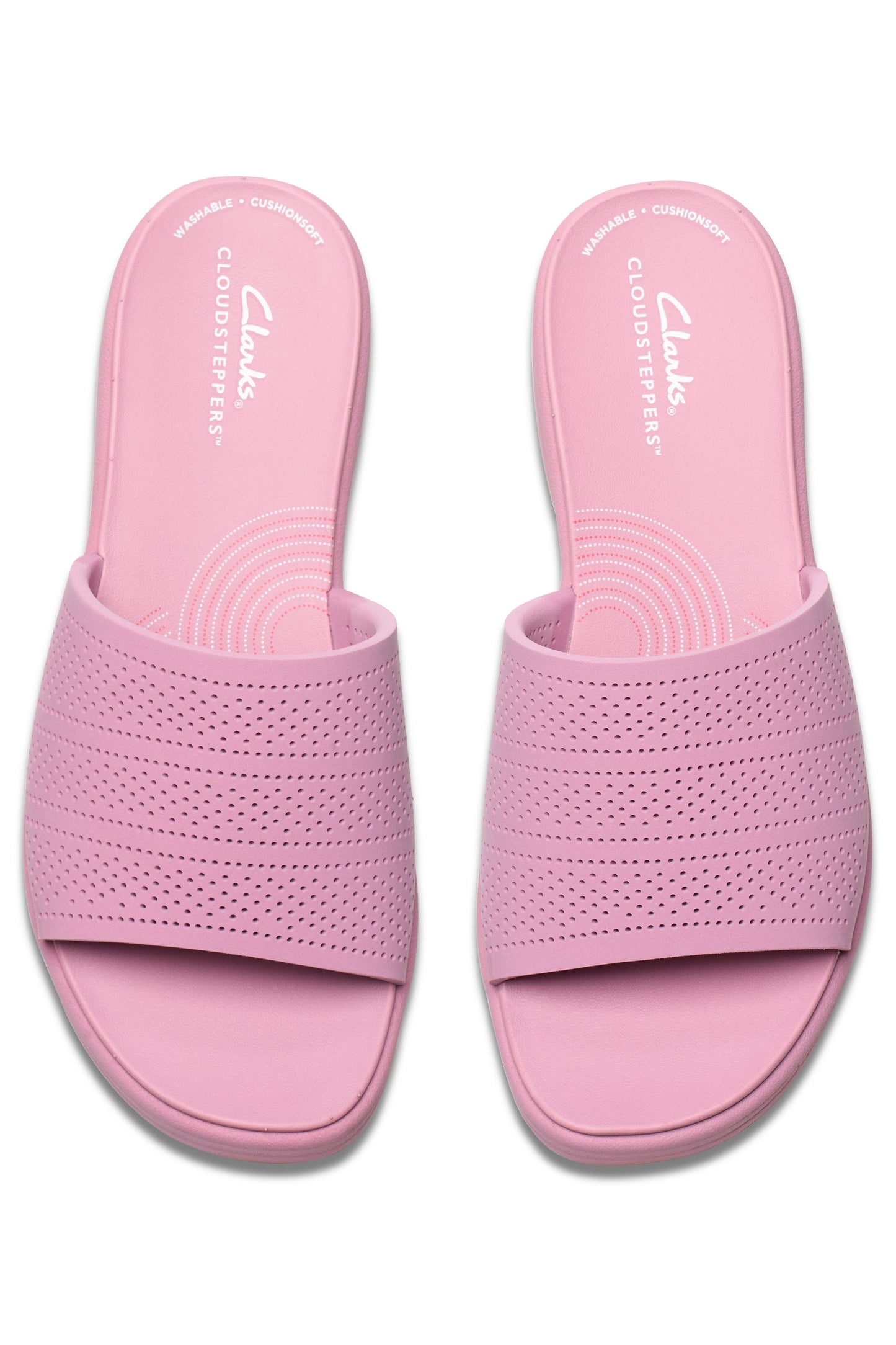 Pair of pink slide sandals with perforated upper.