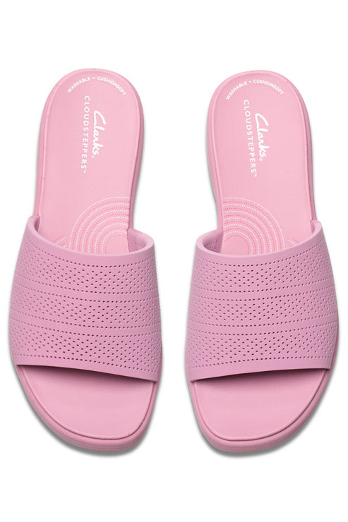Pair of pink slide sandals with perforated upper.