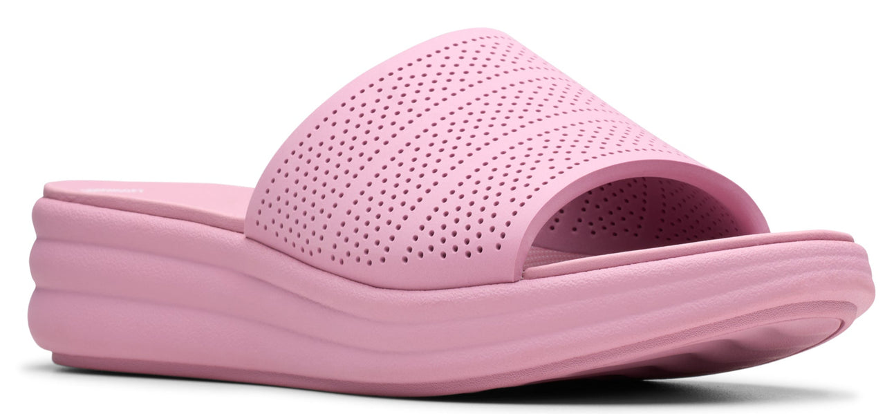 Pink slide sandal with a perforated upper and a wedge heel.