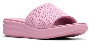 Pink slide sandal with a perforated upper and a wedge heel.