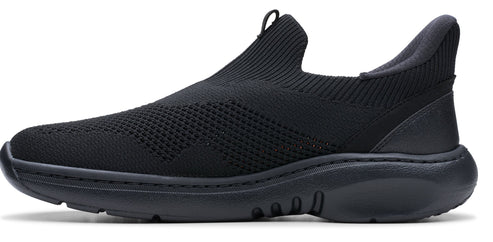 Black slip-on sneaker with sock-like knit upper and chunky sole.