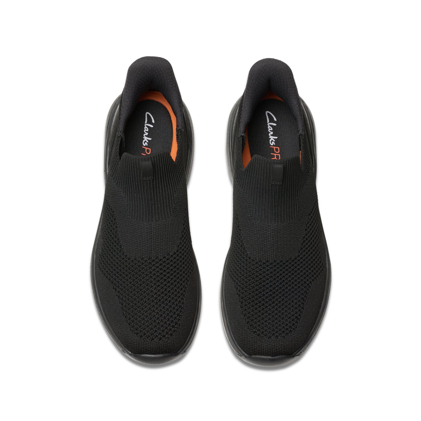 Two black slip-on shoes with visible 'Clarks P' logo.