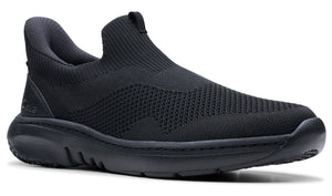 Black slip-on shoe with sock-like knit upper and thick, cushioned sole.