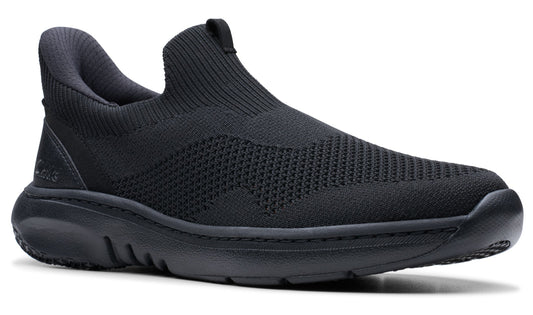 Black slip-on shoe with sock-like knit upper and thick, cushioned sole.