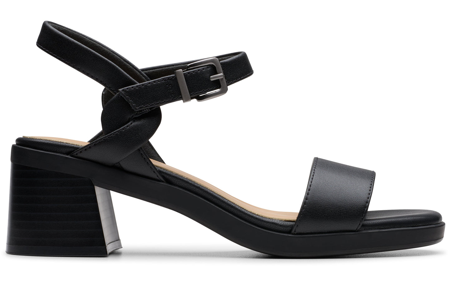 Black chunky heeled sandal with an ankle strap and buckle closure.