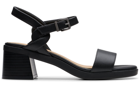 Black chunky heeled sandal with an ankle strap and buckle closure.