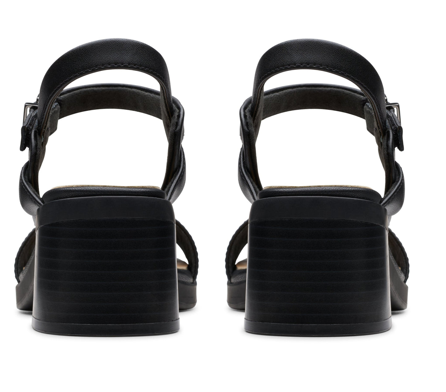 Pair of black block-heeled sandals, rear view.