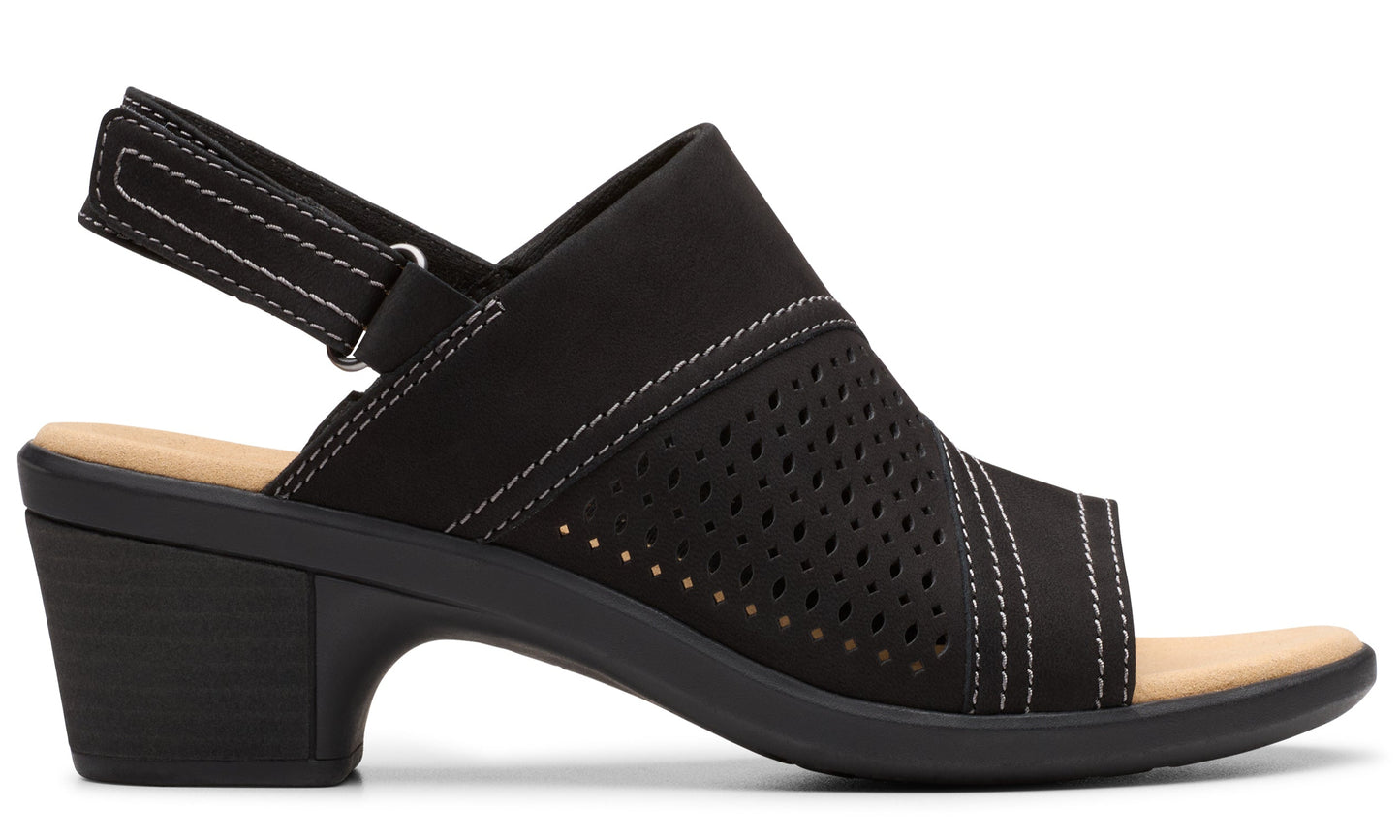 Black heel sandal with an adjustable back strap and white stitching, featuring a perforated upper.
