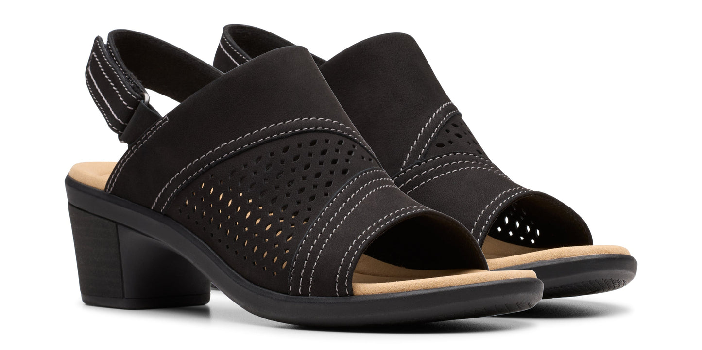 Black open toe heeled shoes with slingback.