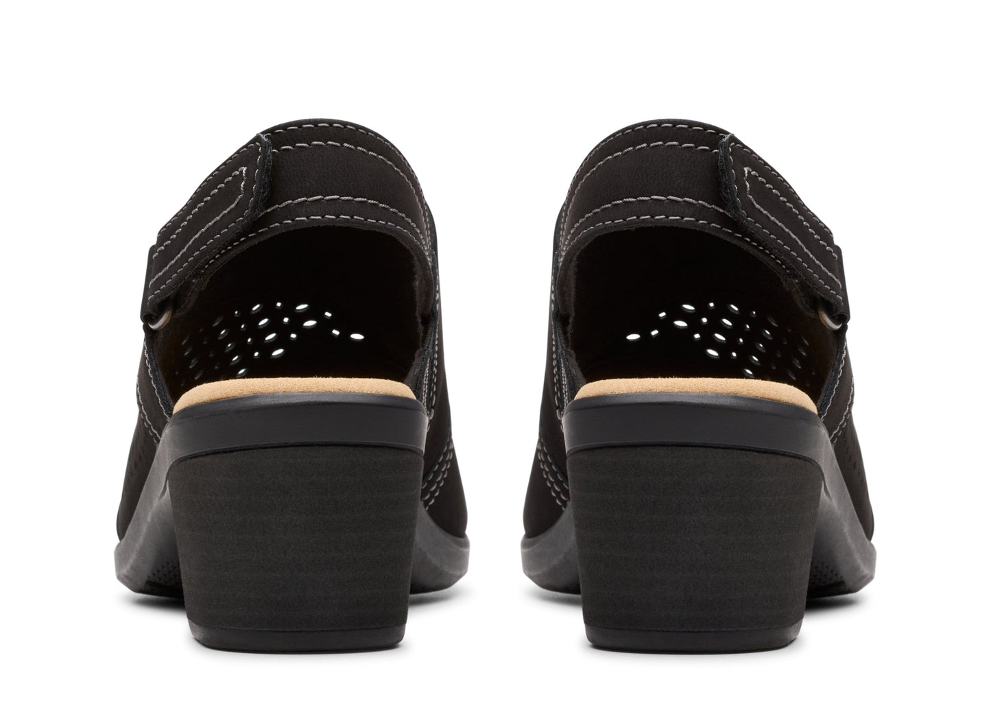 Pair of black, open-backed heeled shoes, back view.