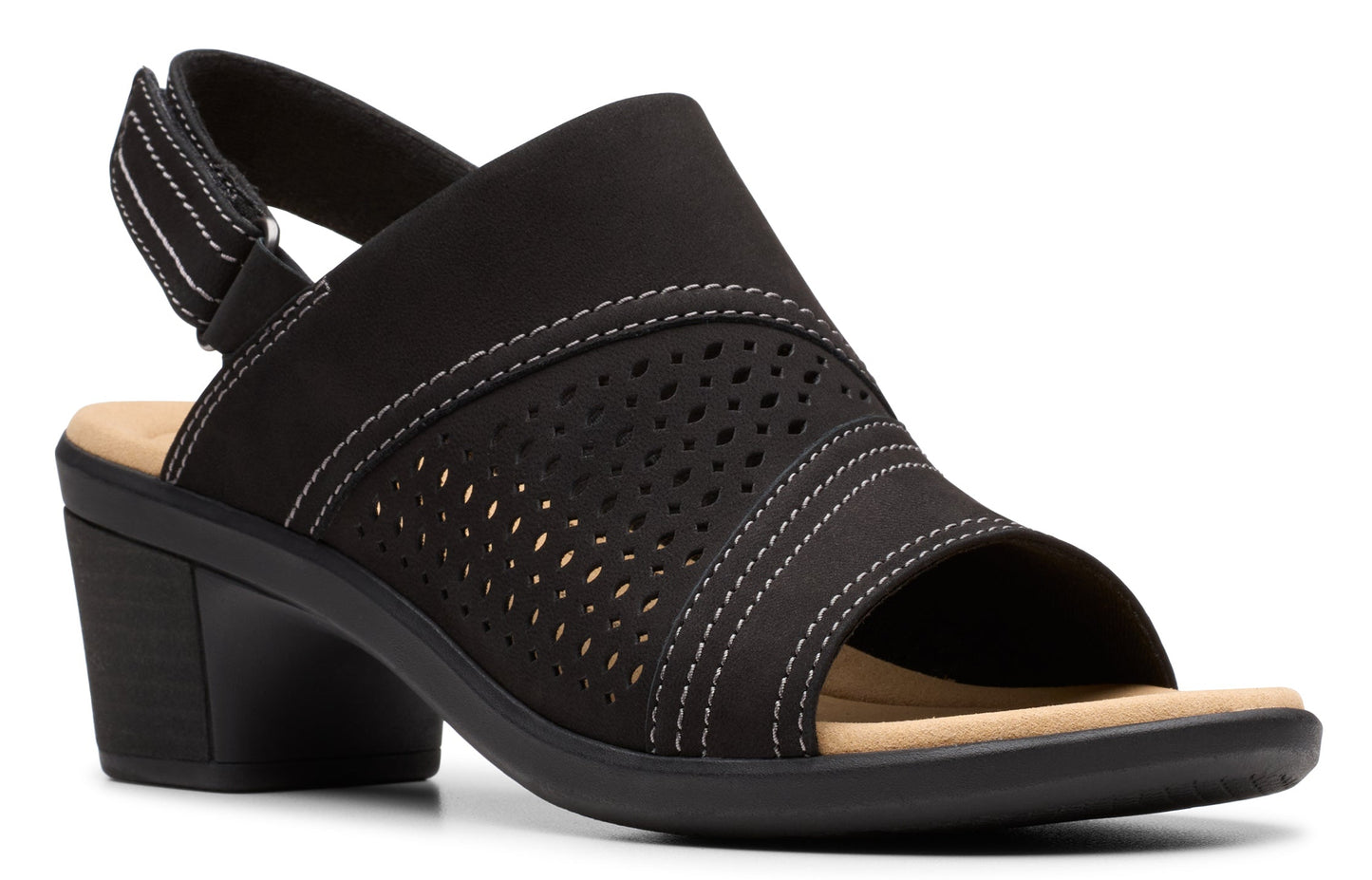 Black sandal shoe with a thick heel, light tan insole, and an upper with a perforated design and a back strap.