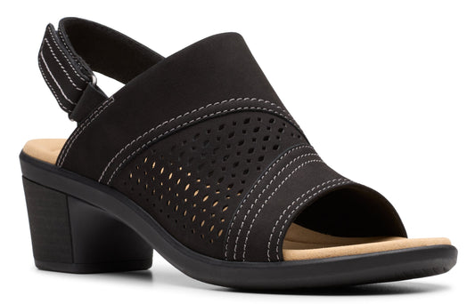 Black sandal shoe with a thick heel, light tan insole, and an upper with a perforated design and a back strap.