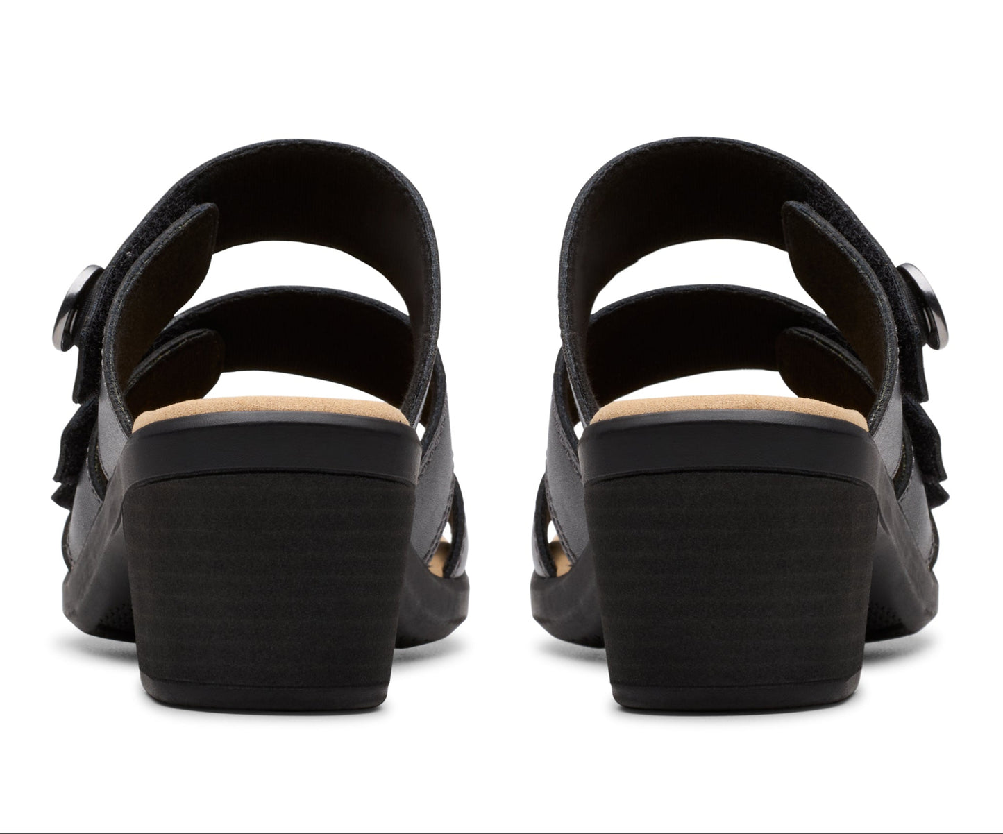 Pair of black heeled sandals with adjustable straps.