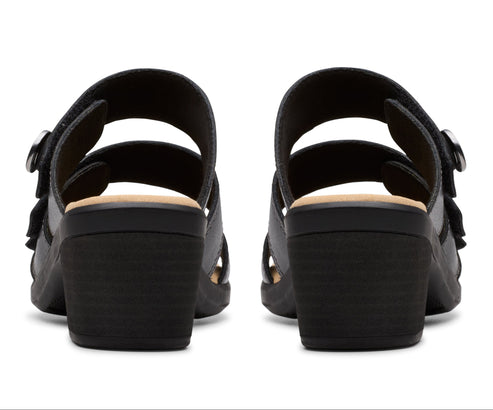 Pair of black heeled sandals with adjustable straps.