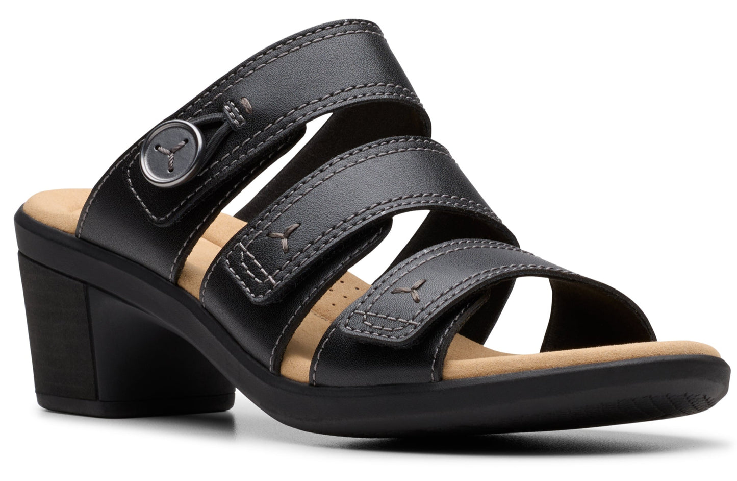 Black heeled sandal with adjustable straps and button accent.