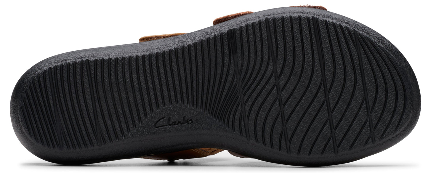 A bottom view of a sandal with ridged, flat, black soles.