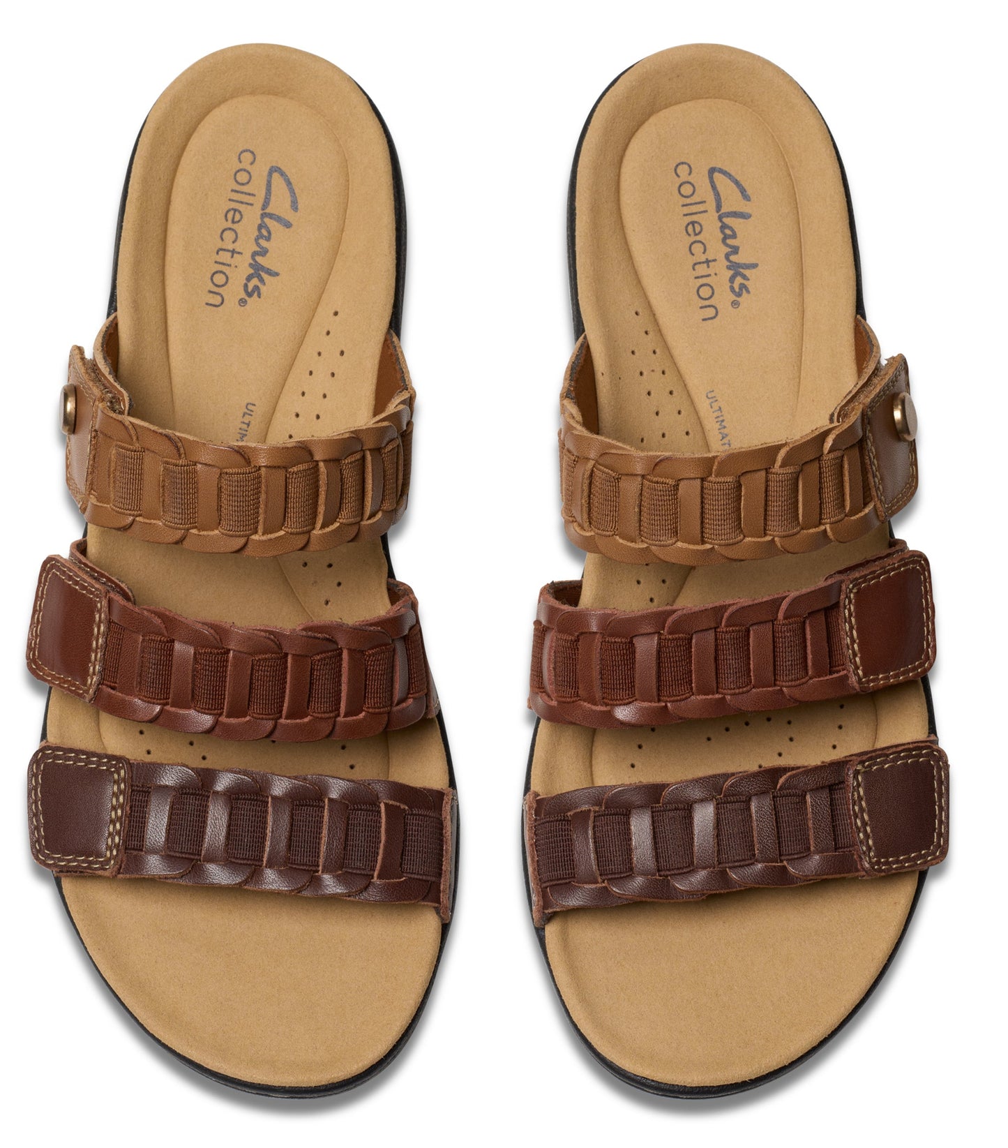 Two slide sandals, each with three braided straps of different brown shades.