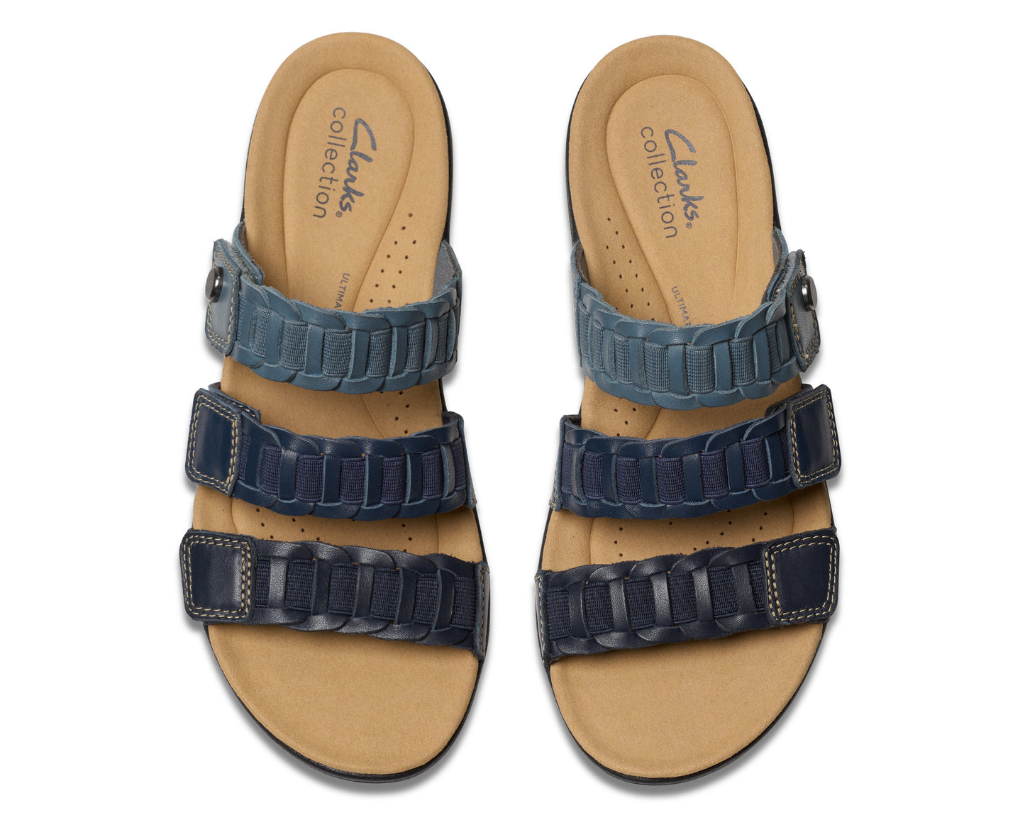 A pair of Clarks Collection sandals with three blue textured straps over a tan footbed.