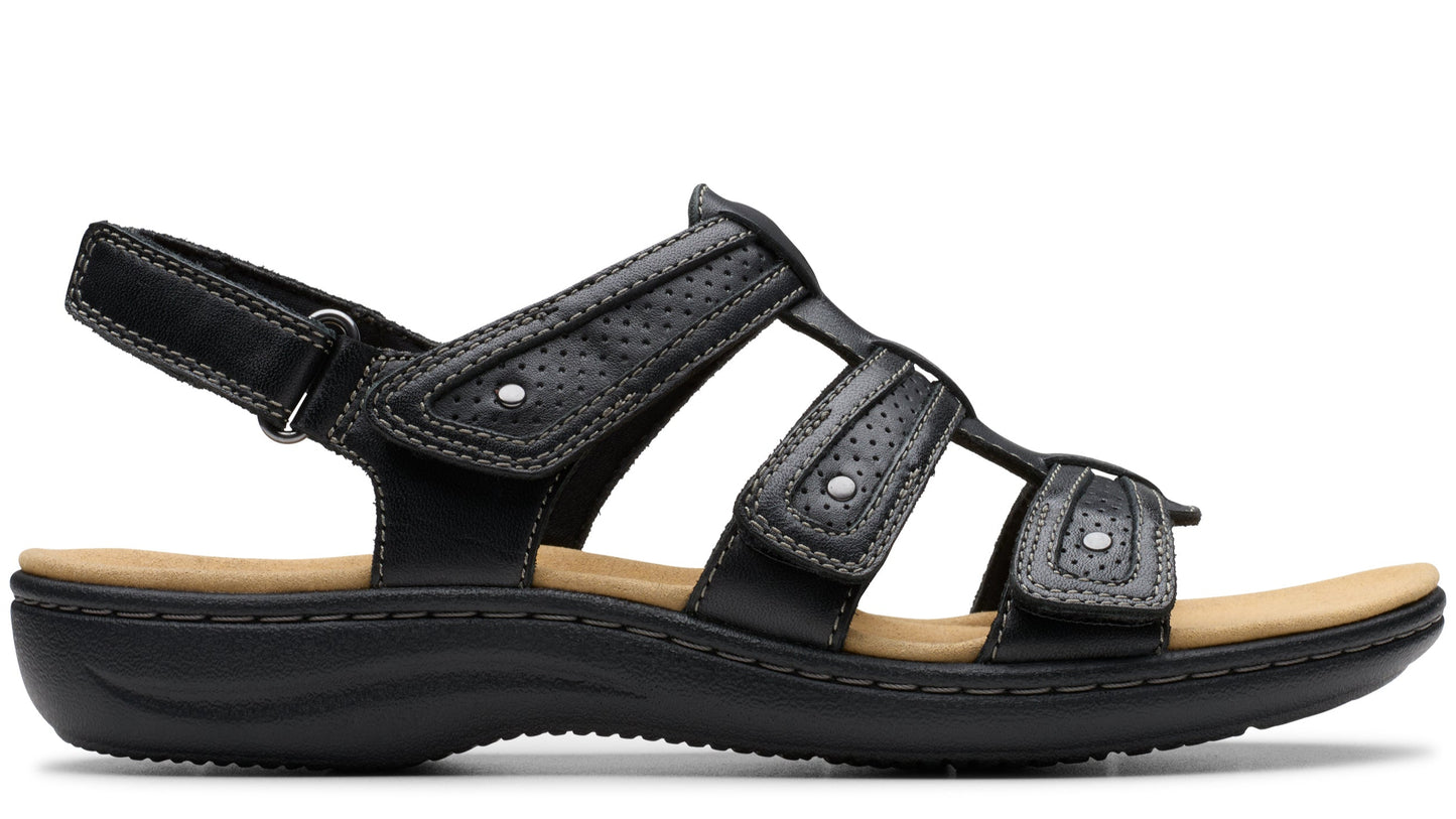Black leather sandal with multiple straps and a velcro back strap.