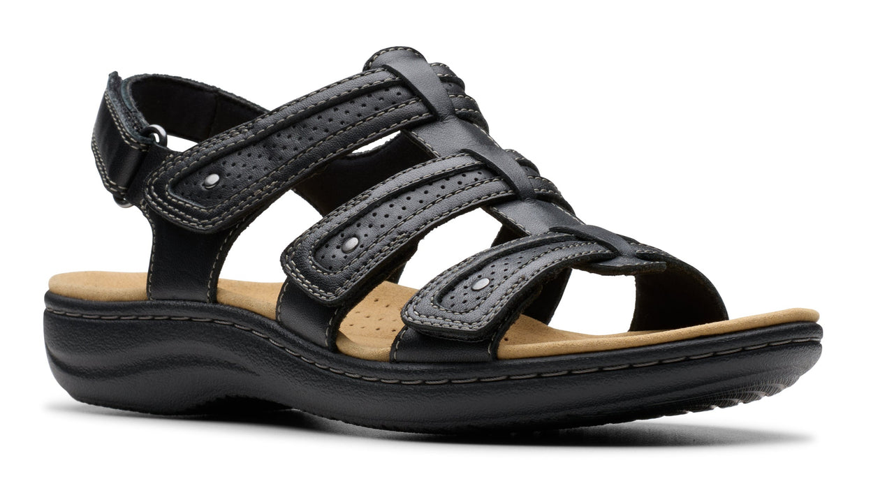 Black leather sandal with multiple straps and a buckle.