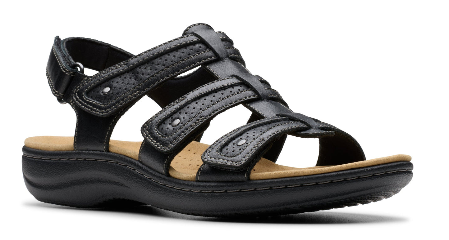 Black leather sandal with multiple straps and a buckle.