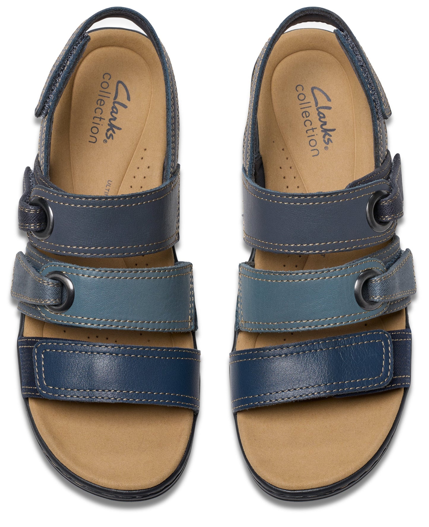Two Clarks Collection blue leather strappy sandals.