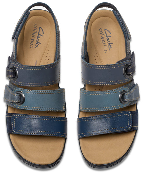Two Clarks Collection blue leather strappy sandals.