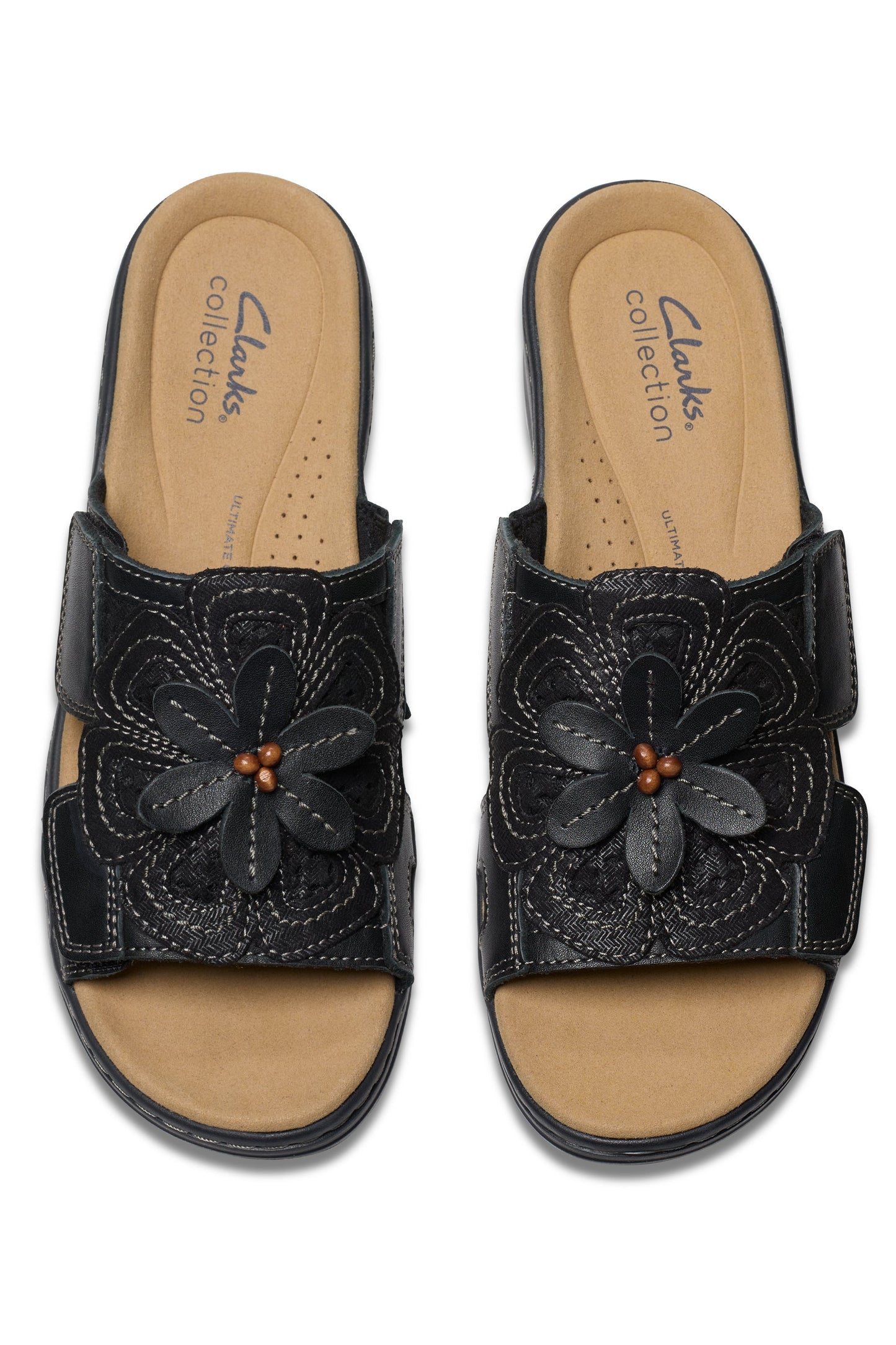 Overhead shot of two black sandals with flower embellishments and velcro straps.