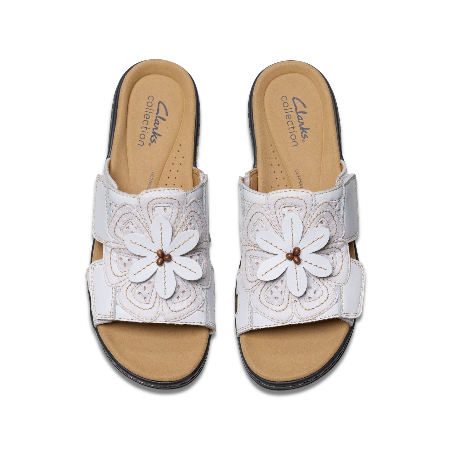 Two white slide sandals with adjustable straps and flower embellishments.