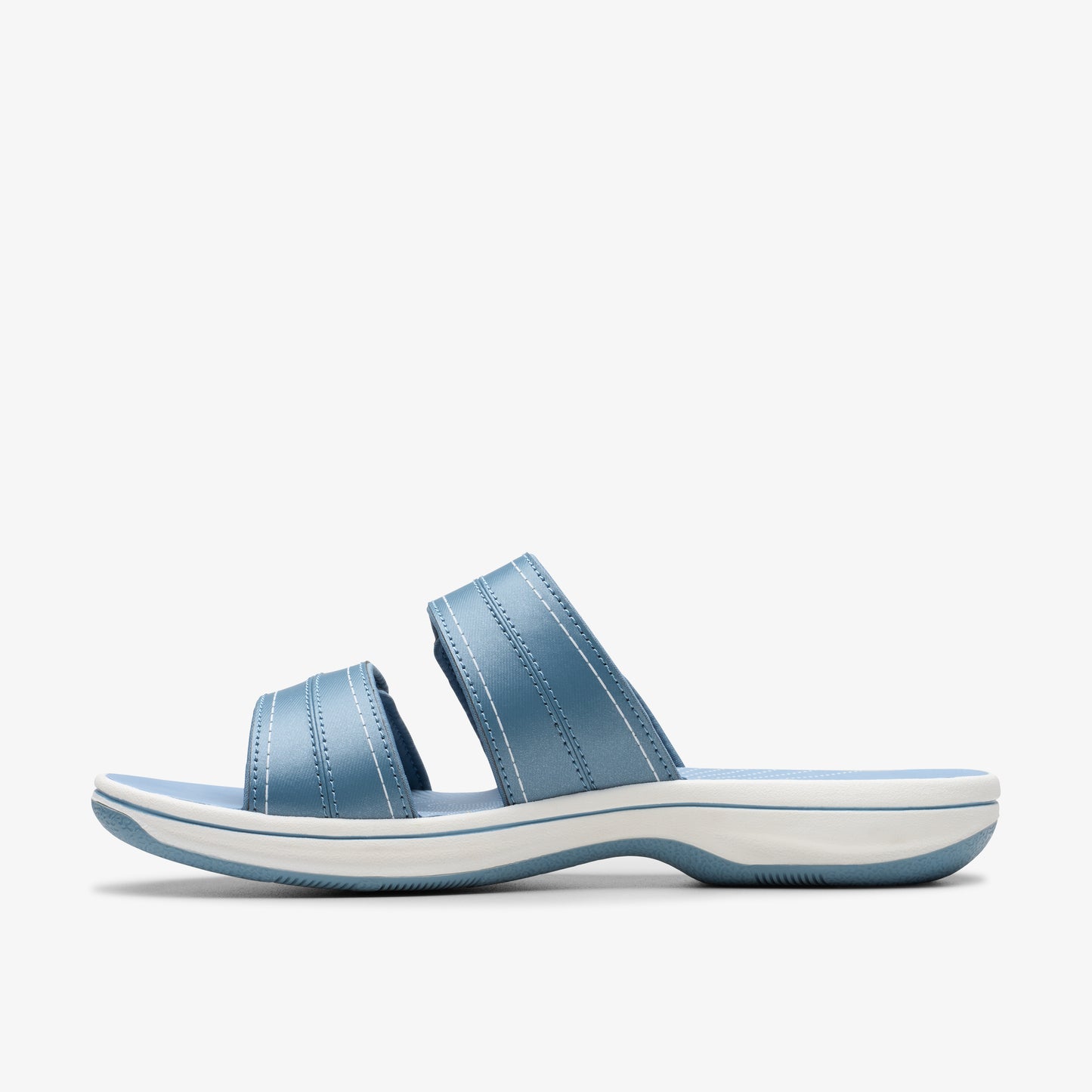 Blue slip-on sandal with two straps.