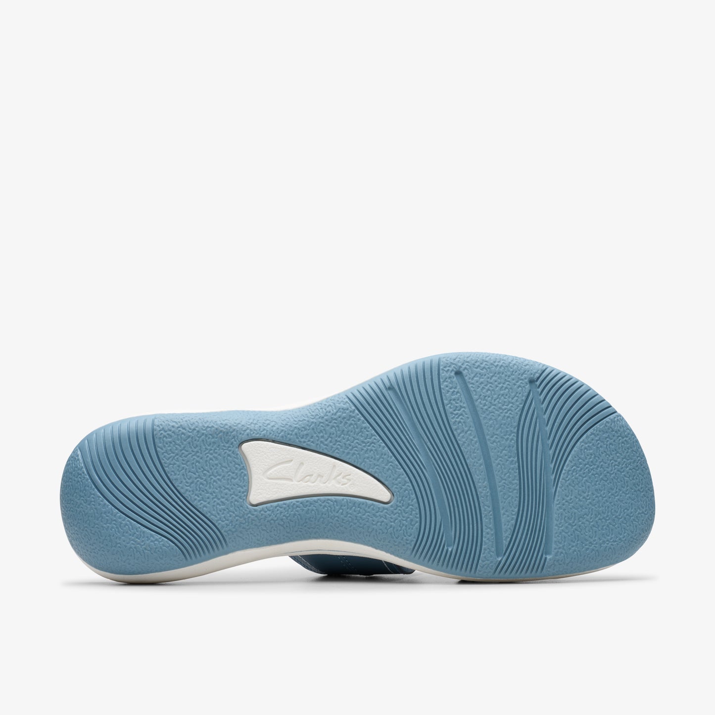 Bottom view of a blue sandal with a white logo.