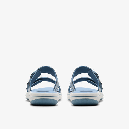 Two blue sandals with two straps and adjustable buckles, viewed from the back.