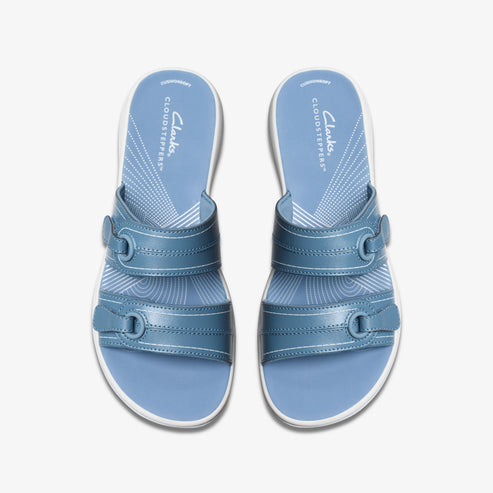 Two blue slide sandals with white soles and two adjustable straps each, bearing the text CLOUDSSTEPPERS.