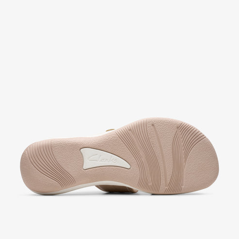 Sandal bottom with ribbed texture and visible white "Clarks" text.