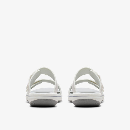 Two white slide sandals with two straps, viewed from the back.