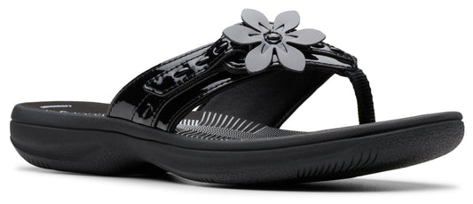 Black flower-embellished thong sandal.