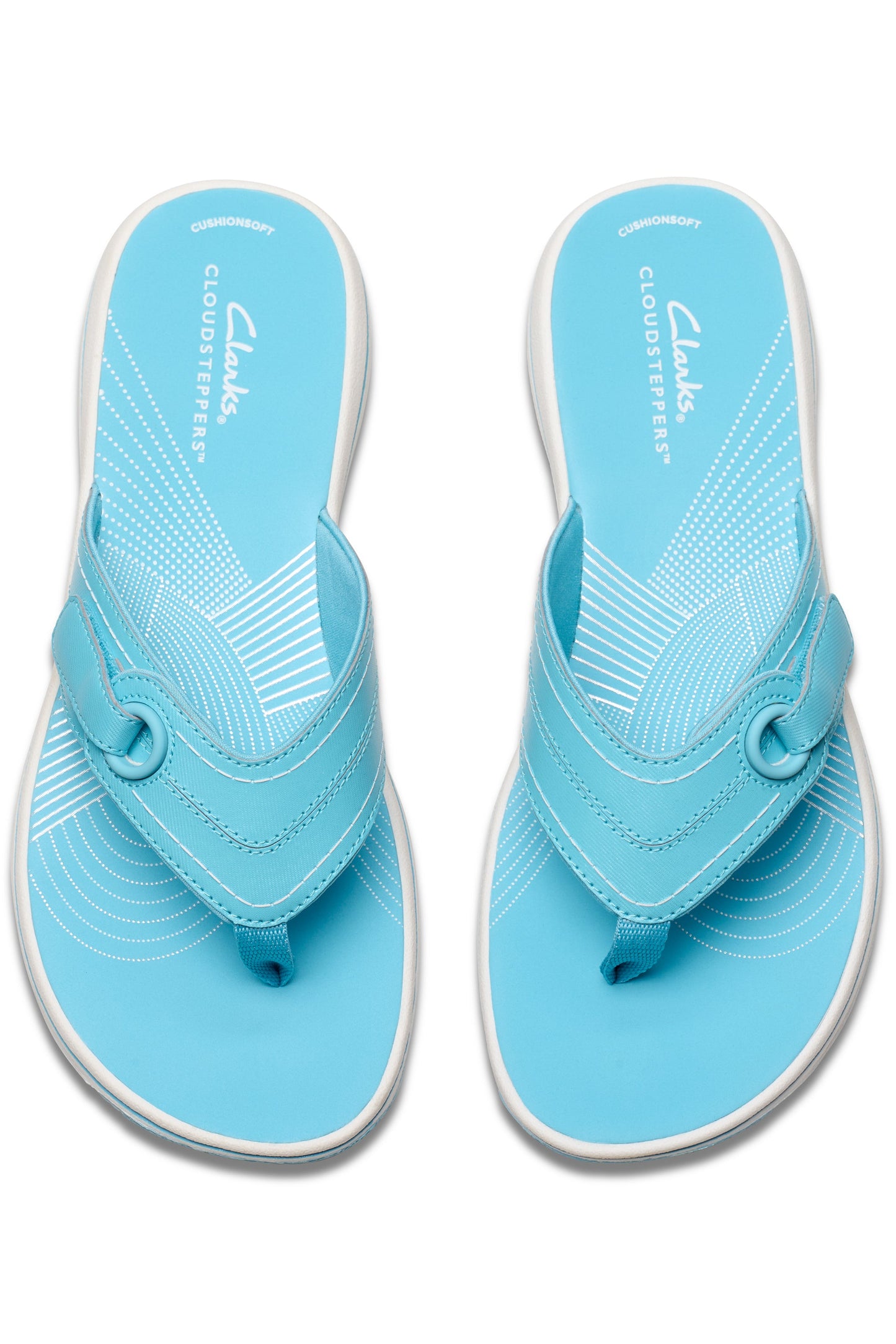 Top view of a pair of blue thong sandals with white soles and CLOUDSTEPPERS text on the insoles.