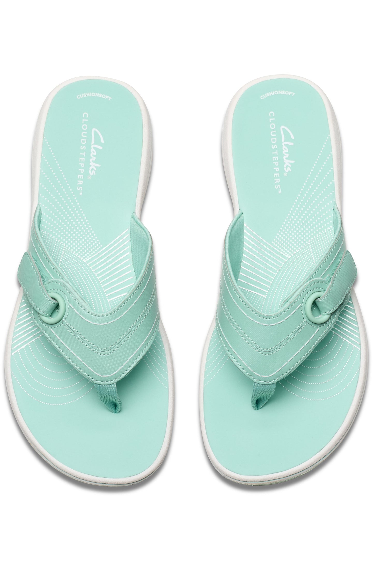 Overhead view of two seafoam green flip-flops with toe posts and white soles.