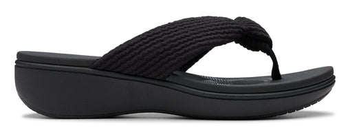 A black flip-flop sandal with a platform sole and a knotted strap.