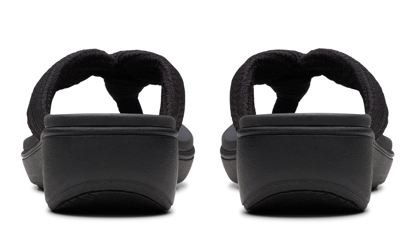 Pair of black thong sandals, back view.