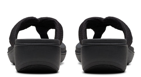 Pair of black thong sandals, back view.