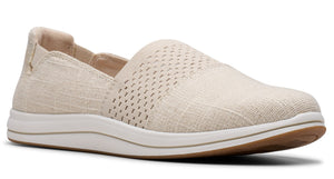 Beige slip-on shoe with ventilated top and white sole.